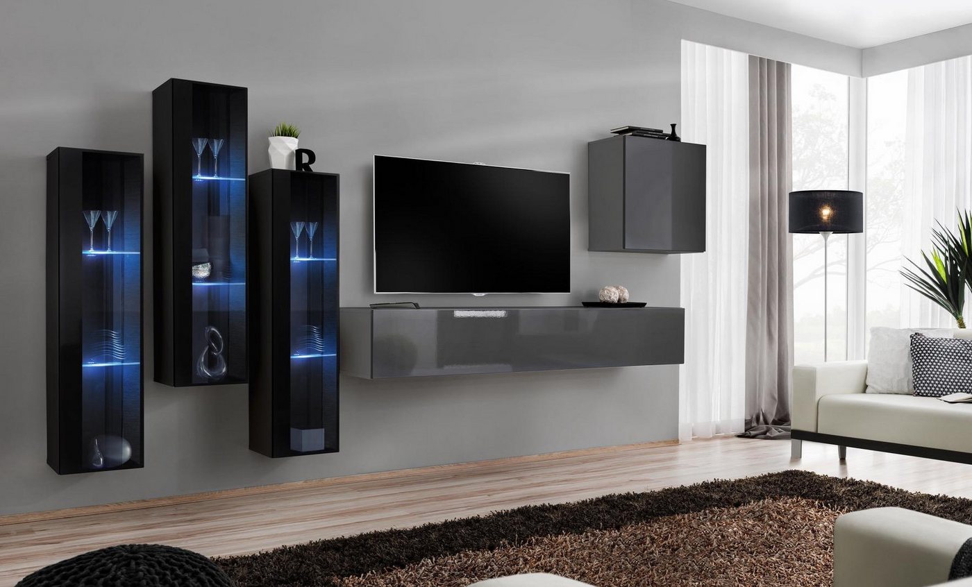 JVmoebel Wohnwand Hochglanz TV Sideboard in Grau – Designer Wohnwand Komplettset, (2-St., 1x Wohnwand + 1x TV Ständer + 4x Wandschrank), Made in Europa von JVmoebel