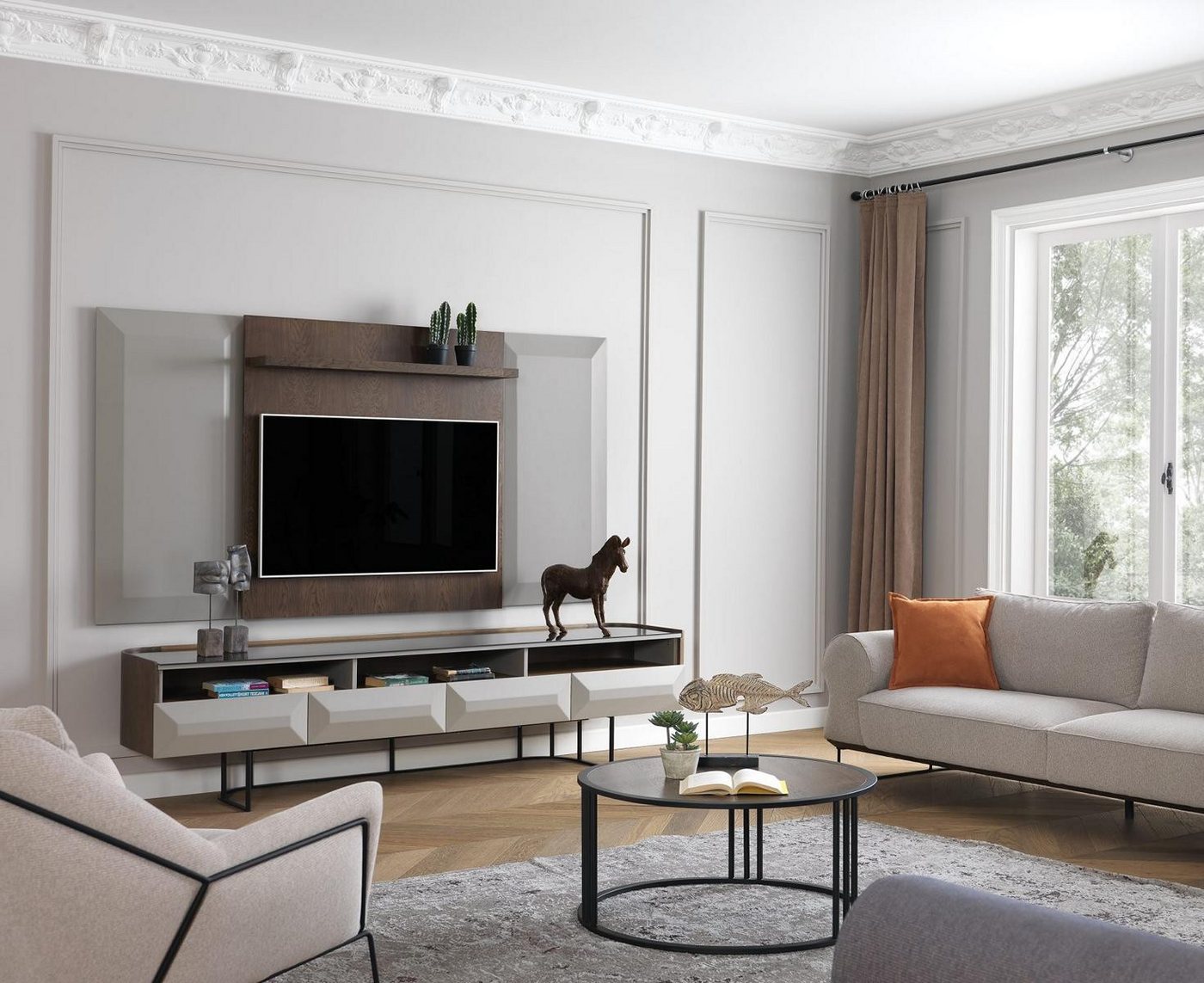 JVmoebel Wohnzimmer-Set Holz TV Sideboard Braun 2-teiliges Lowboard mit Regal Panel, (2-St., 1x RTV + 1x Regal), Made in Europa von JVmoebel