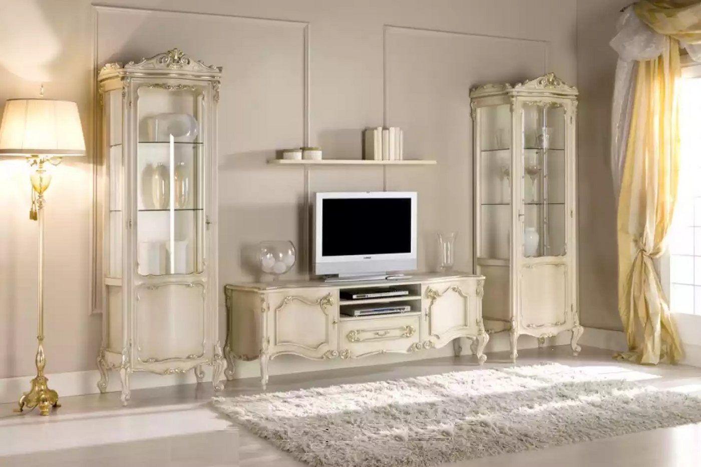 JVmoebel Wohnzimmer-Set Holzmöbel Set für Wohnzimmer 4-teilig mit Lowboard und Vitrine, (4-St., Nur Lowboard + 2x Vitrine + Wandregal), Made in Europa von JVmoebel