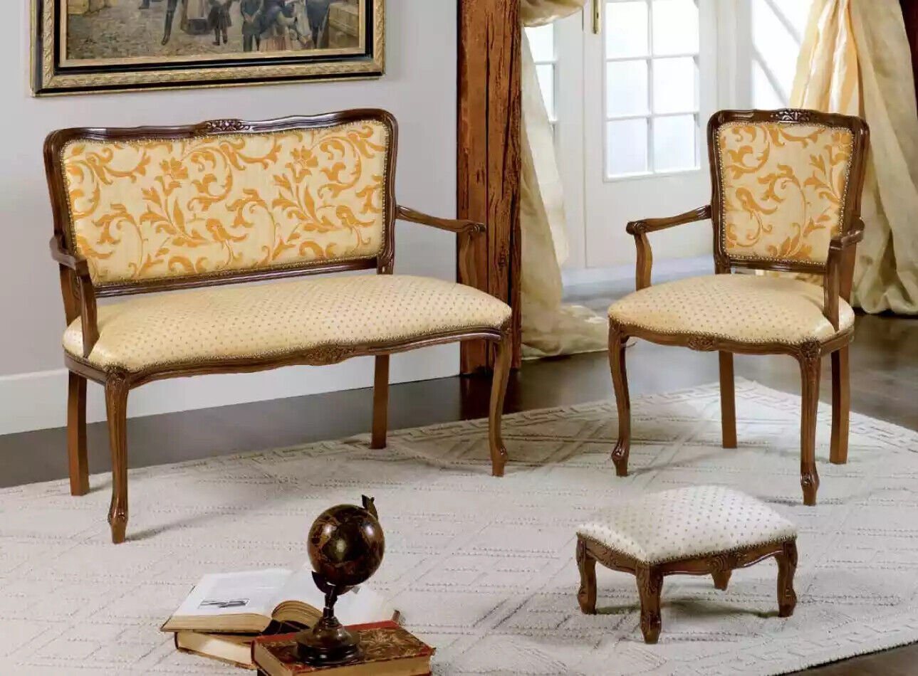 JVmoebel Wohnzimmer-Set Klassische Sitzgarnitur Polstermöbel Designe Sitzbank Hocker Stühle, (3-St., Sitzbank, Stuhl mit Armlehnen, Hocker), Made in Italy von JVmoebel