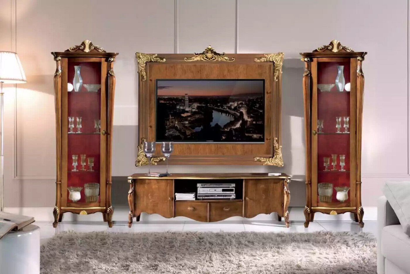 JVmoebel Wohnzimmer-Set Klassische Wohnzimmer Set Wohnwand rtv Vitrine Regal Luxus Neu, (4-St., Lowboard + 2x Vitrine + TV-Rahmen), Made in Italy von JVmoebel