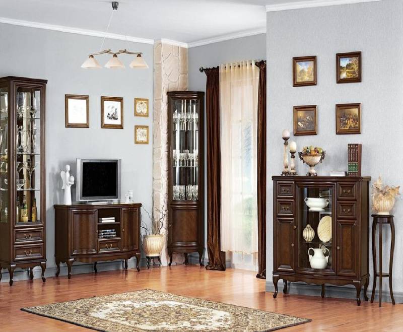 JVmoebel Wohnzimmer-Set Klassisches Wohnzimmer Set Braun Glasvitrine Eckvitrine Stilvoller, (4-St., 4tlg Wohnzimmer Set (Vitrine + TV-Lowboard + Eckvitrine + Kommode), Made in Europa von JVmoebel