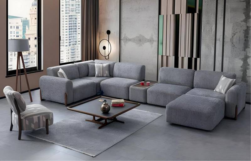 JVmoebel Ecksofa Komplett Wohnzimmer Ecksofa Sessel Hocker Couch Polster Set, 8 Teile, Made in Europa von JVmoebel