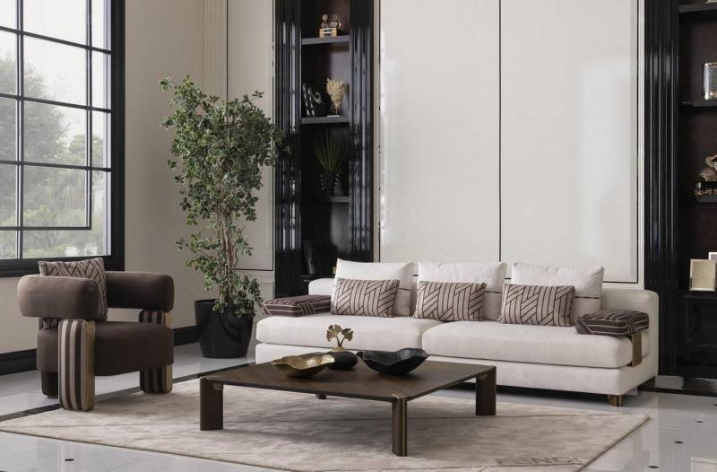 JVmoebel Wohnzimmer-Set Komplette Couchgarnitur Weiß Sofa Sessel Braun Polstersofa Tisch, (3-St., 3 Sitzer + Sessel + Couchtisch), Made in Europa von JVmoebel