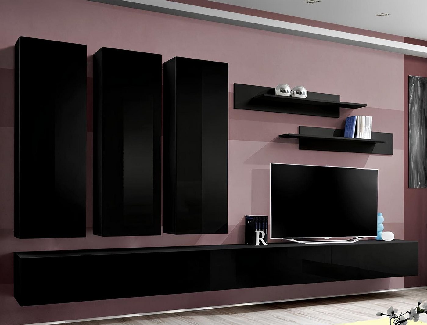 JVmoebel Wohnwand Luxuriöse 8-teilige Wohnwand in Schwarz - Stilvolle Holzmöbel, (8-St., 1x Wohnwand + 2x TV Ständer + 3x Wandschrank + 2x Wandregale), Made in Europa von JVmoebel
