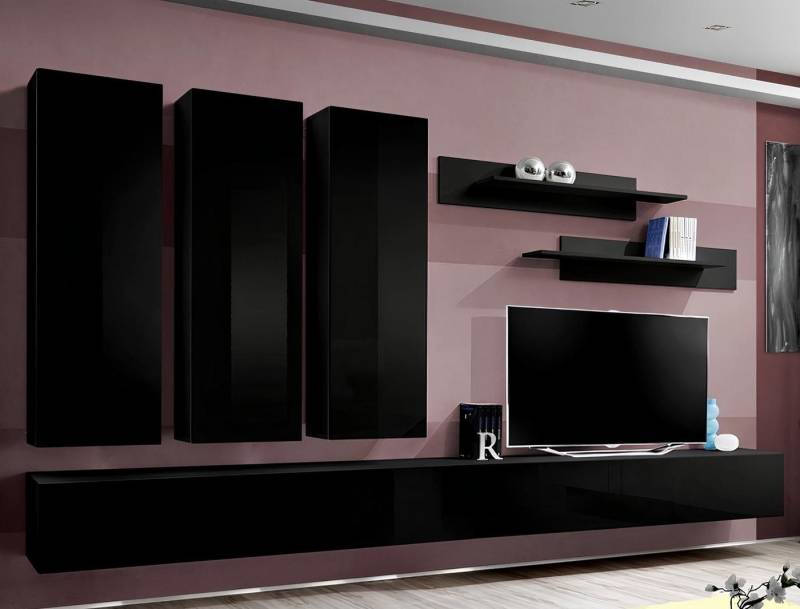 JVmoebel Wohnwand Luxuriöse 8-teilige Wohnwand in Schwarz - Stilvolle Holzmöbel, (8-St., 1x Wohnwand + 2x TV Ständer + 3x Wandschrank + 2x Wandregale), Made in Europa von JVmoebel