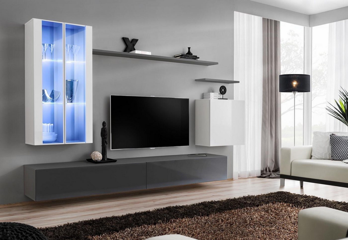 JVmoebel Wohnzimmer-Set Luxuriöse Designer Holzmöbel für das graue Wohnzimmer, (8-St., 1x Wohnwand + 2x TV Ständer + 3x Wandschrank + 2x Wandregal), Made in Europa von JVmoebel