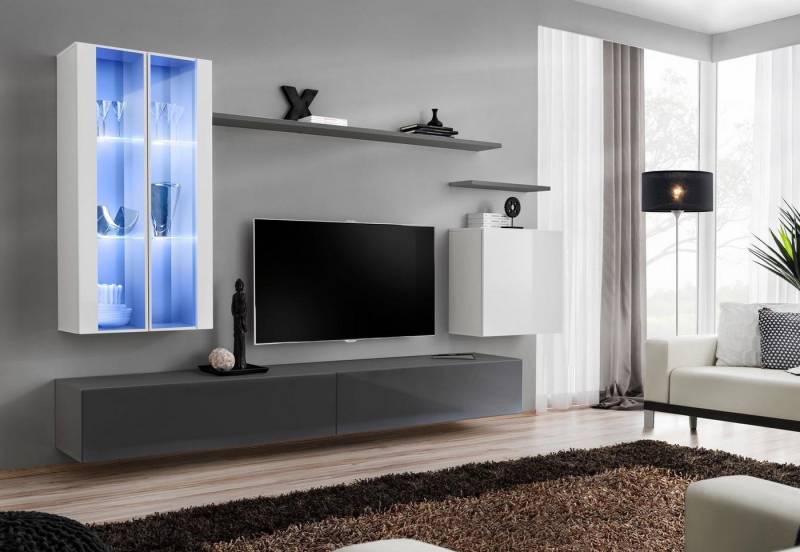 JVmoebel Wohnzimmer-Set Luxuriöse Designer Holzmöbel für das graue Wohnzimmer, (8-St., 1x Wohnwand + 2x TV Ständer + 3x Wandschrank + 2x Wandregal), Made in Europa von JVmoebel