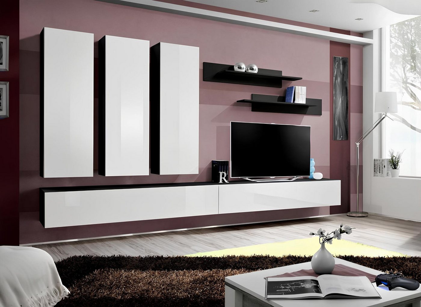 JVmoebel Wohnwand Luxuriöse Designer-Wohnwand mit TV-Ständer und Sideboard, (8-St., 1x Wohnwand + 2x TV Ständer + 3x Wandschrank + 2x Wandregale), Made in Europa von JVmoebel