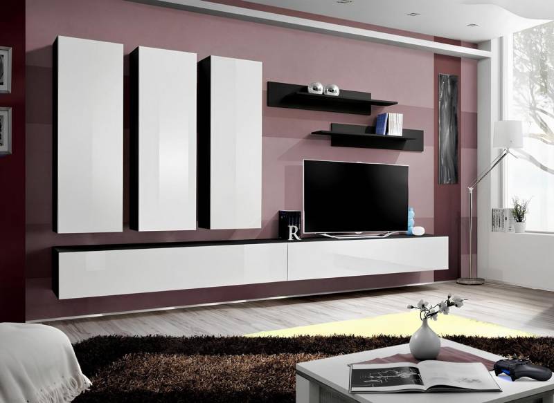 JVmoebel Wohnwand Luxuriöse Designer-Wohnwand mit TV-Ständer und Sideboard, (8-St., 1x Wohnwand + 2x TV Ständer + 3x Wandschrank + 2x Wandregale), Made in Europa von JVmoebel