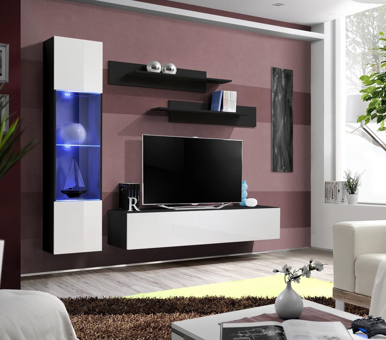JVmoebel Wohnwand Luxuriöse Designer Wohnzimmermöbel – Komplett Set mit Wandregal, (5-St., 1x Wohnwand + 1x TV Ständer + 1x Hänge Vitrine + 2x Wandregale), Made in Europa von JVmoebel
