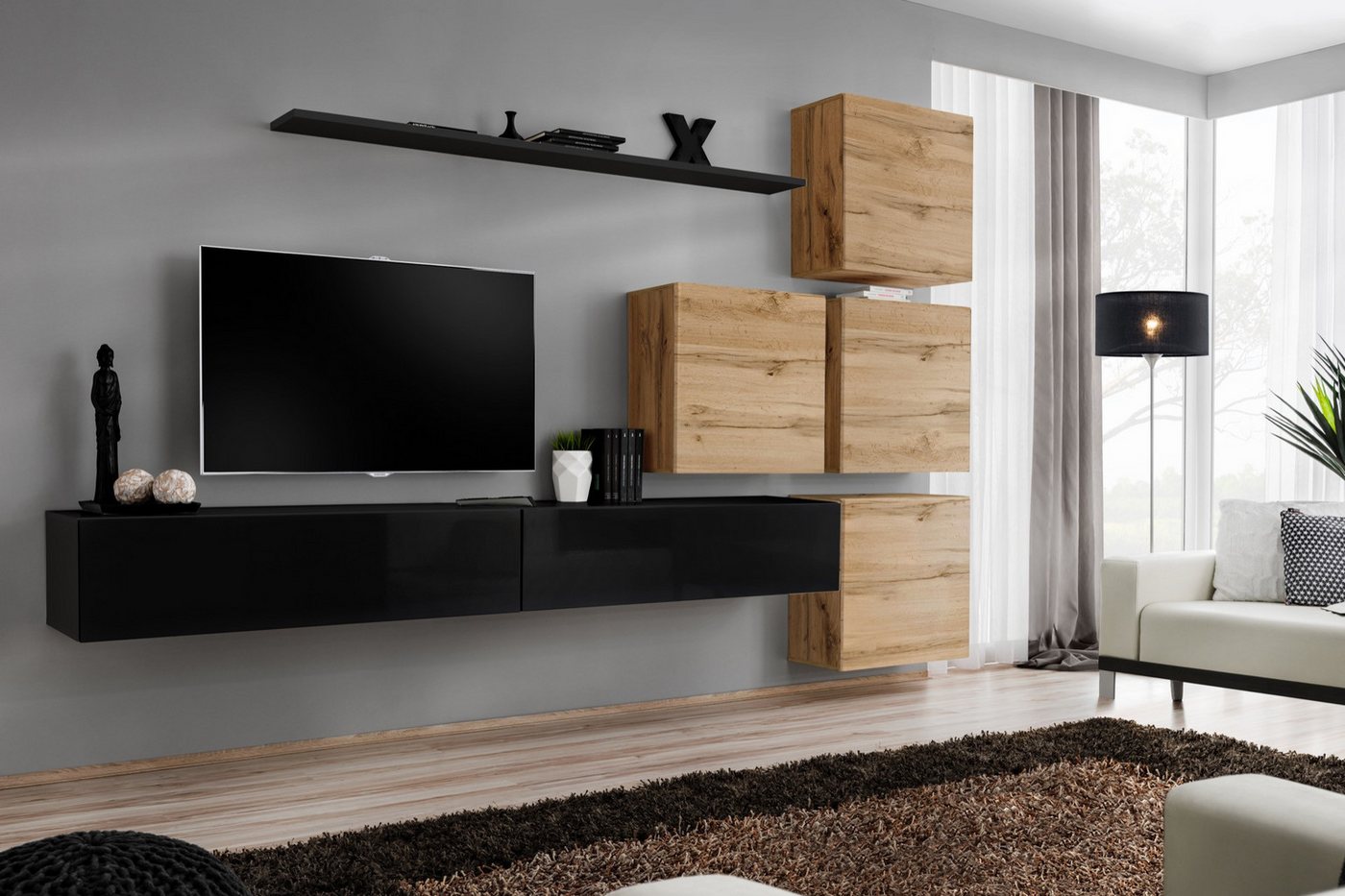 JVmoebel Wohnwand Luxuriöse Wohnwand aus Holz für das Wohnzimmer - TV-Ständer Set, (8-St., 1x Wohnwand + 2x TV Ständer + 4x Wandschrank + 1x Wandregal), Made in Europa von JVmoebel