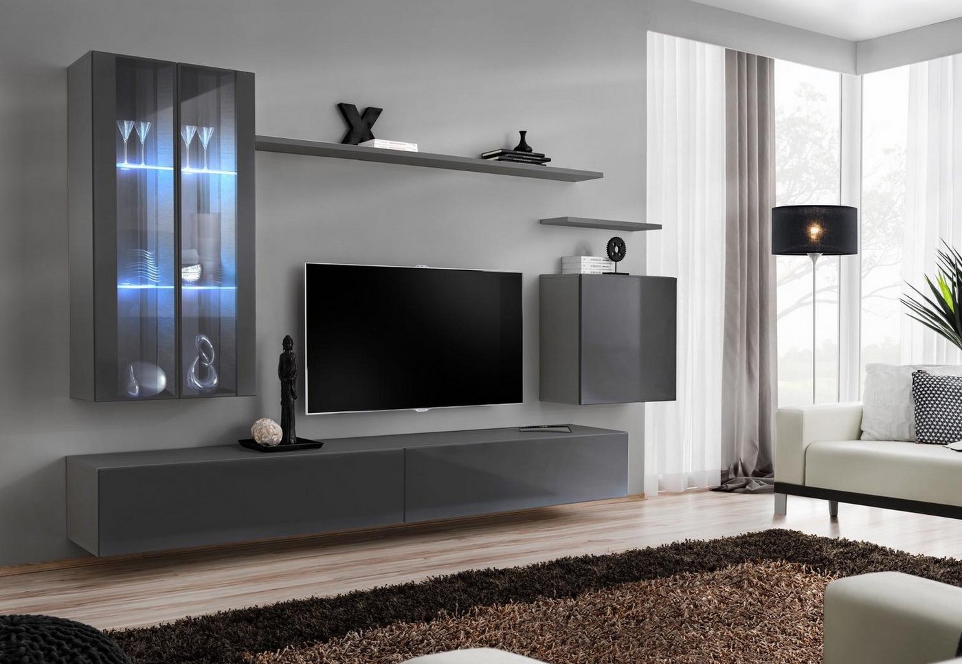 JVmoebel Wohnwand Luxuriöse Wohnwand in Grau - Wandschrank und Sideboard Möbel, (8-St., 1x Wohnwand + 2x TV Ständer + 3x Wandschrank + 2x Wandregal), Made in Europa von JVmoebel