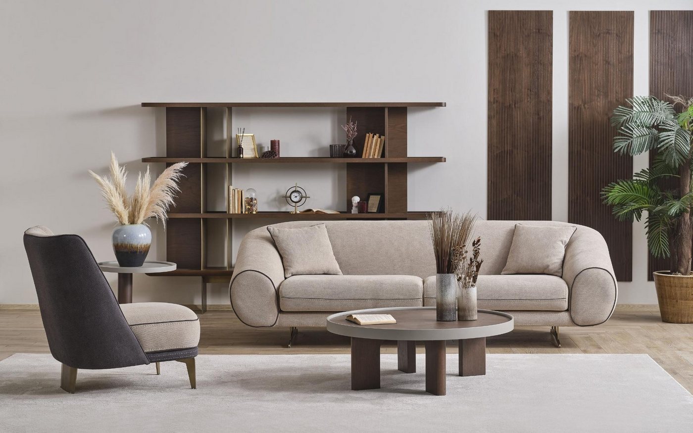 JVmoebel Polstergarnitur Luxuriöse Wohnzimmereinrichtung: 3-Sitzer Sessel mit Tischen, (4-tlg., 1x 3-Sitzer + 1x Sessel + 1x Couchtisch + 1x Beistelltisch), Made in Europa von JVmoebel