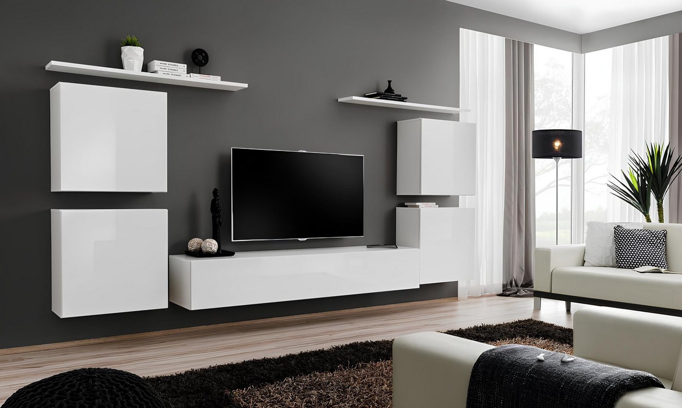 JVmoebel Wohnwand Luxuriöse moderne Wohnwand 8-teilig in Weiß für das Wohnzimmer, (8-St., 1x Wohnwand + 1x TV Ständer + 4x Wandschrank + 2x Wandregal), Made in Europa von JVmoebel