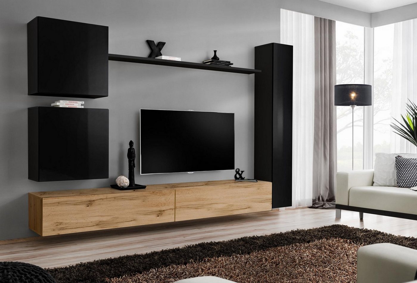 JVmoebel Wohnwand Luxuriöse schwarze Wohnwand aus Holz für das Wohnzimmer, (7-St., 1x Wohnwand + 2x TV Ständer + 3x Wandschrank + 1x Wandregal), Made in Europa von JVmoebel