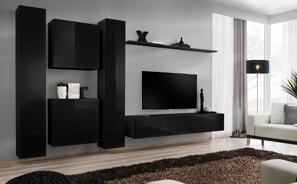 JVmoebel Wohnwand Luxuriöse schwarze Wohnwand mit TV-Ständer für das Wohnzimmer, (7-St., 1x Wohnwand + 1x TV Ständer + 4x Wandschrank + 1x Wandregal), Made in Europa von JVmoebel