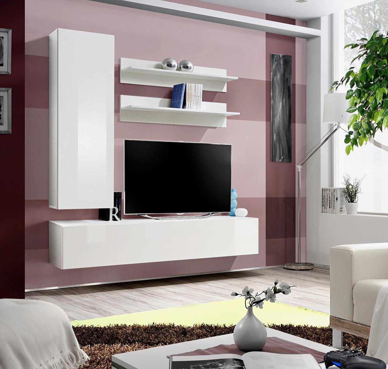JVmoebel Wohnwand Luxuriöse weiße Wohnwand – Designer Holzmöbel Komplettset, (5-St., 1x Wohnwand + 1x TV Ständer + 1x Wandschrank + 2x Wandregale), Made in Europa von JVmoebel