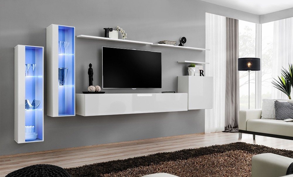 JVmoebel Wohnwand Luxuriöse weiße Wohnwand mit TV-Ständer für stilvolles Wohnzimmer, (8-St., 1x Wohnwand + 1x TV Ständer + 3x Wandschrank + 3x Wandregal), Made in Europa von JVmoebel