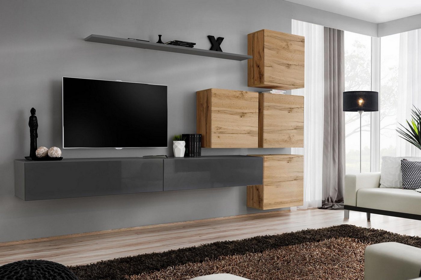 JVmoebel Wohnzimmer-Set Luxuriöses Wandregal in Grau für modernes Wohnambiente, (8-St., 1x Wohnwand + 2x TV Ständer + 4x Wandschrank + 1x Wandregal), Made in Europa von JVmoebel