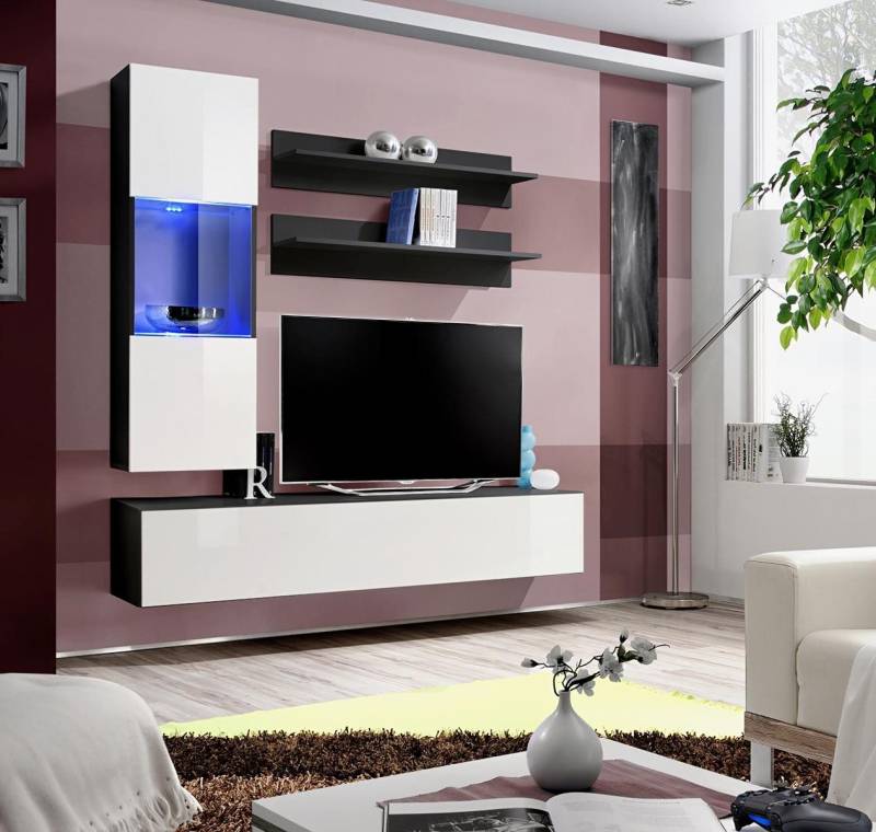 JVmoebel Wohnzimmer-Set Luxuriöses Wohnwand Set für das Wohnzimmer mit TV-Ständer und Regal, (5-St., 1x Wohnwand + 1x TV Ständer + 1x Hänge Vitrine + 2x Wandregale), Made in Europa von JVmoebel