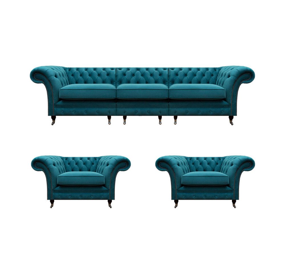 JVmoebel Wohnzimmer-Set Luxus Blau Designer Komplett Textil Chesterfield Wohnzimmer, (3-St., 1x 3-Sitzer Sofa + 2x Sessel), Made in Europa von JVmoebel