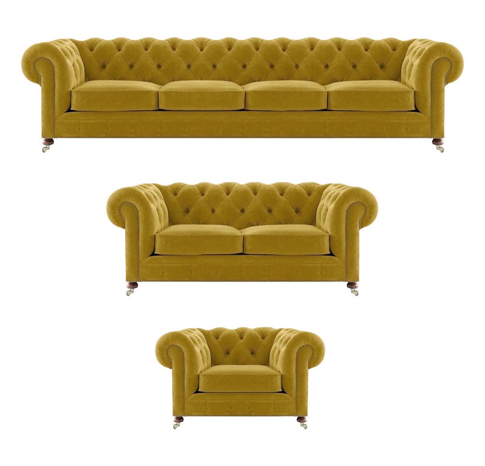 JVmoebel Wohnzimmer-Set Luxus Gelb Komplett 4+2+1 Wohnzimmer Sessel Chesterfield Textil, (3-St., 1x 4-Sitzer Sofa+1x 2-Sitzer Sofa+1x Sessel), Made in Europa von JVmoebel