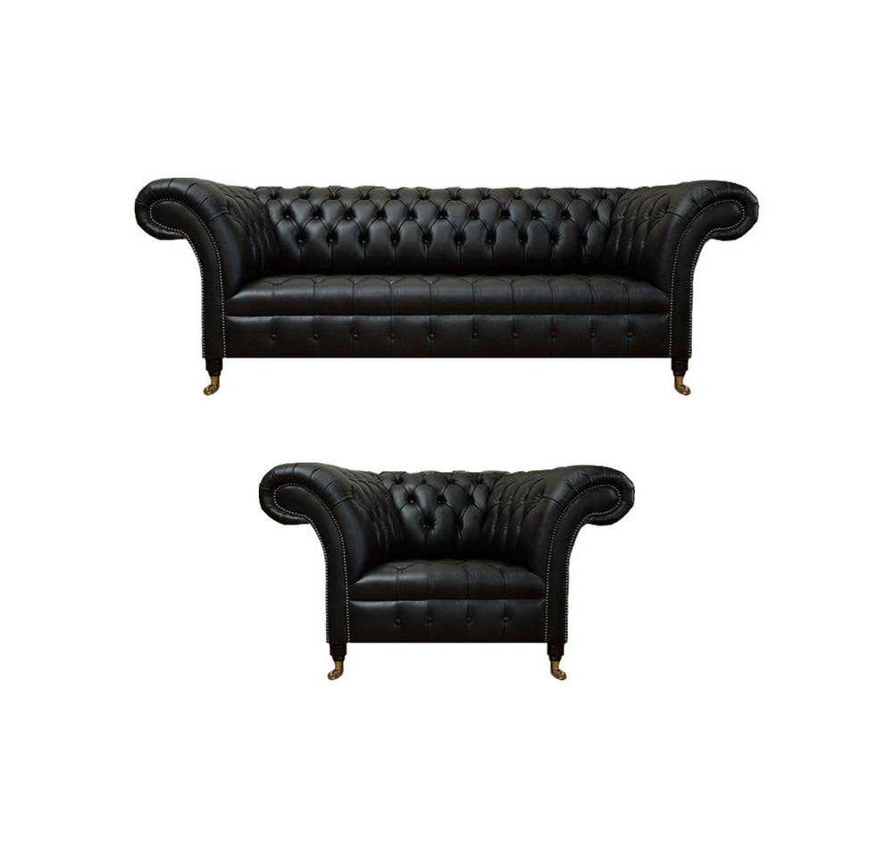 JVmoebel Wohnzimmer-Set Luxus Schwarz Komplett Sofa Couch Dreisitze Leder Sofagarnitur Sessel, (2-St., 1x 3-Sitzer Sofa + 1x Sessel), Made in Europa von JVmoebel