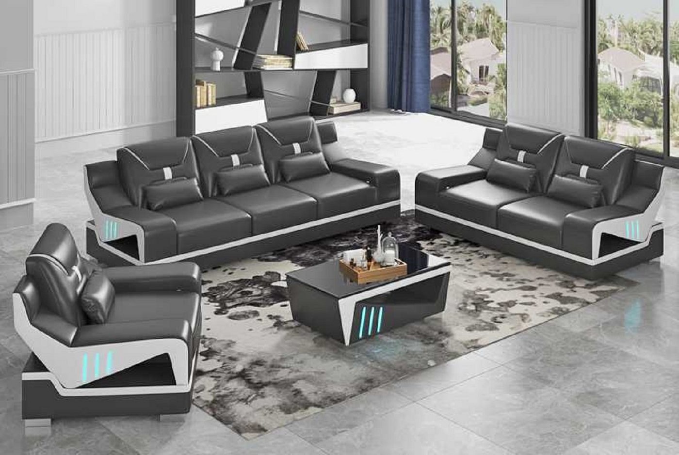 JVmoebel Wohnzimmer-Set Luxus Sofagarnitur Couchgarnitur Schwarz Kunstleder Sofa 321, (3-St., Nur Sofa 2+3 Sitzer + Sessel), Made in Europe von JVmoebel