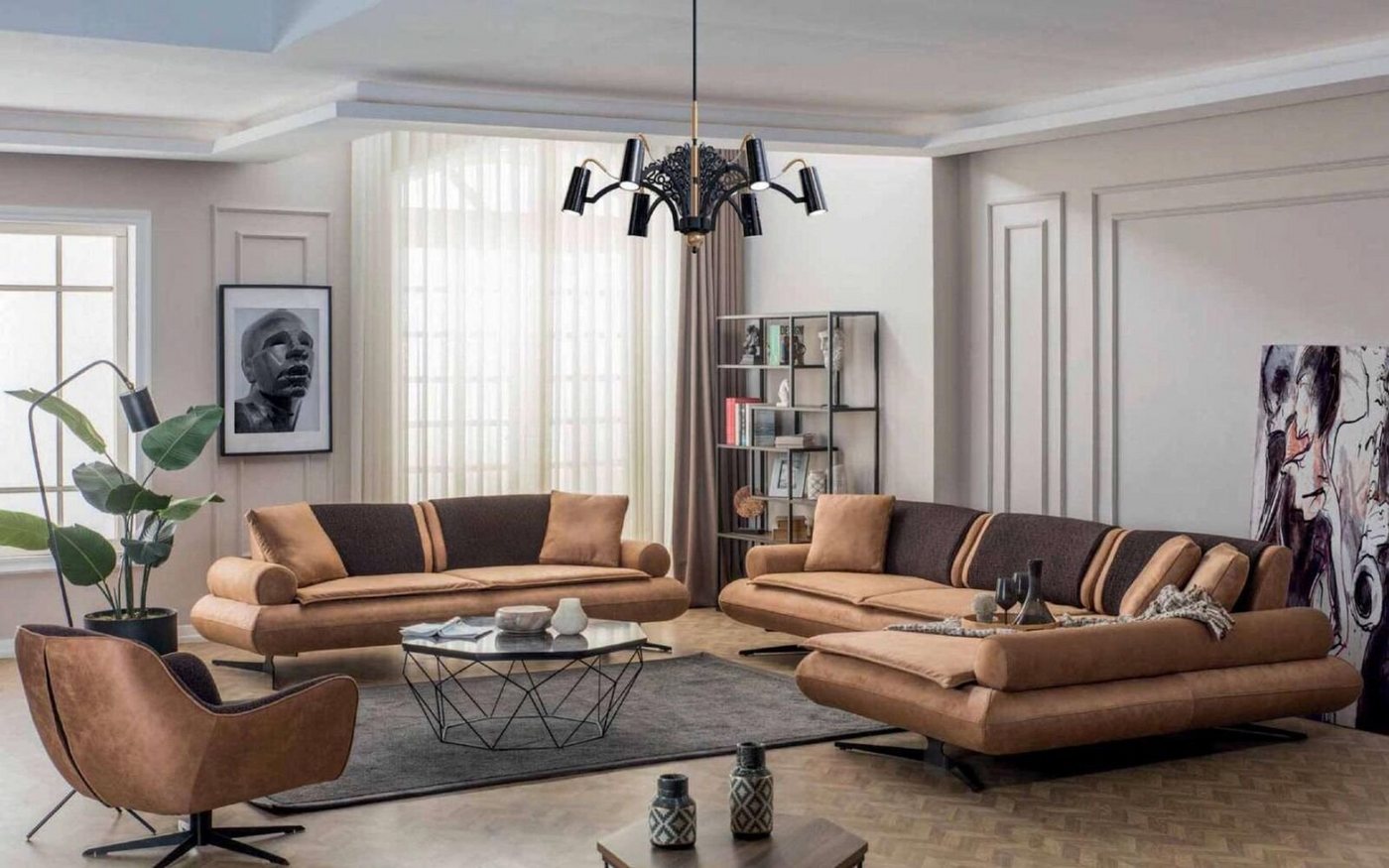 JVmoebel Wohnzimmer-Set Luxus Sofagarnitur Ecksofa L-Form Zweisitzer Sessel Kunstleder Braun, (L-Form 3 Sitzer Sessel) von JVmoebel