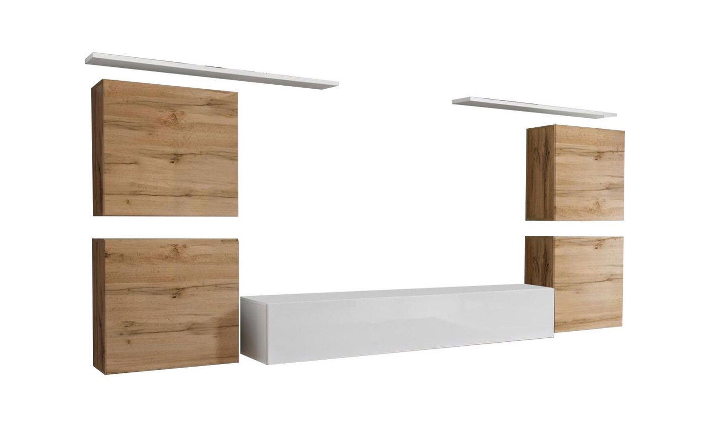 JVmoebel Wohnzimmer-Set Luxus Wohnzimmer rtv Wohnwand Wandschrank Regal tv Holz, (8-St., 1x Wohnwand + 1x TV Ständer + 4x Wandschrank + 2x Wandregal), Made in Europa von JVmoebel