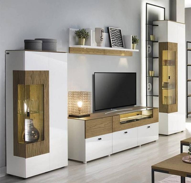 JVmoebel Wohnwand Modern Set TV-Lowboard 2x Vitrine Luxuriöses Wohnwand Wandregal, (4-St., 4 tlg. Wohnzimmer Set (TV-Lowboard + 2xVitrine + Wandregal)(TRK), Made in Europa von JVmoebel
