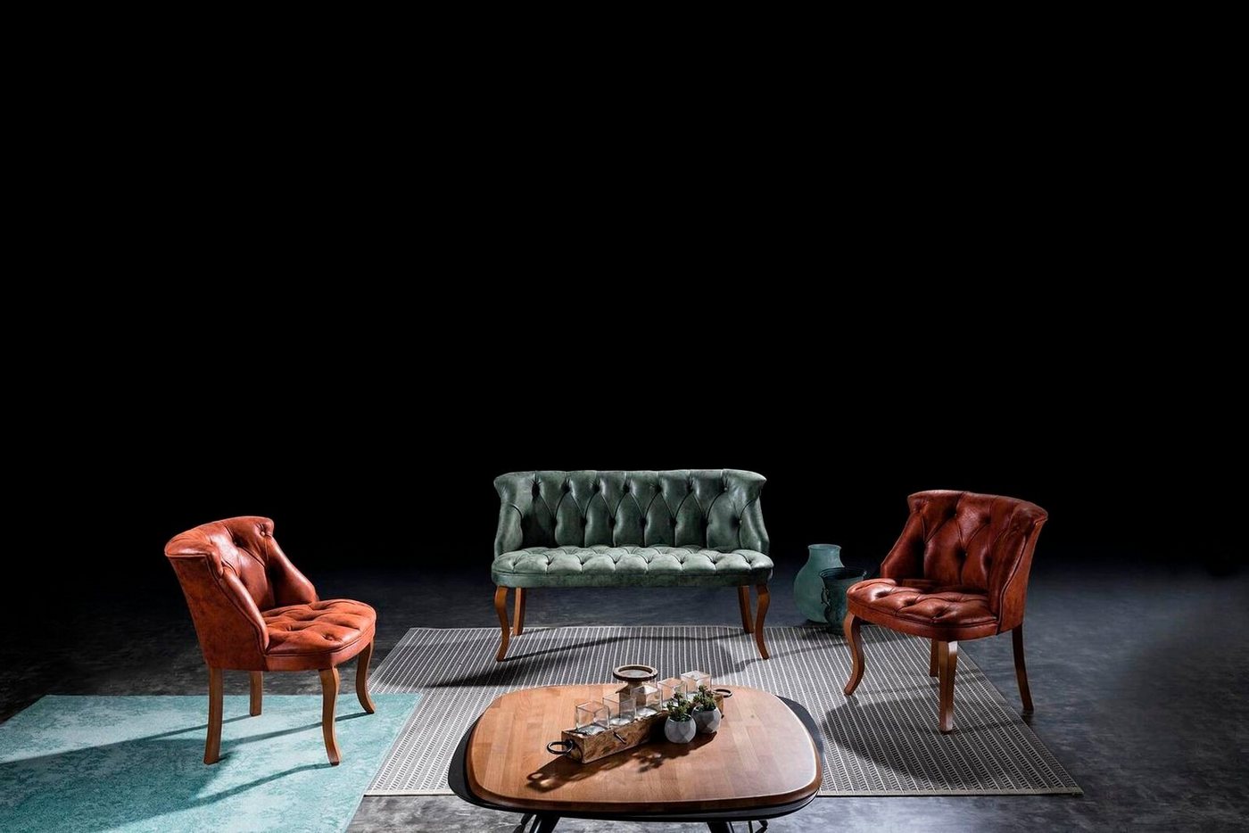 JVmoebel Wohnzimmer-Set Moderne Chesterfield Sitzmöbel Kunstleder Möbel Zweisitzer Stil Sessel, (3-St., 2 Sitzer/2x Sessel), Made in Europa von JVmoebel
