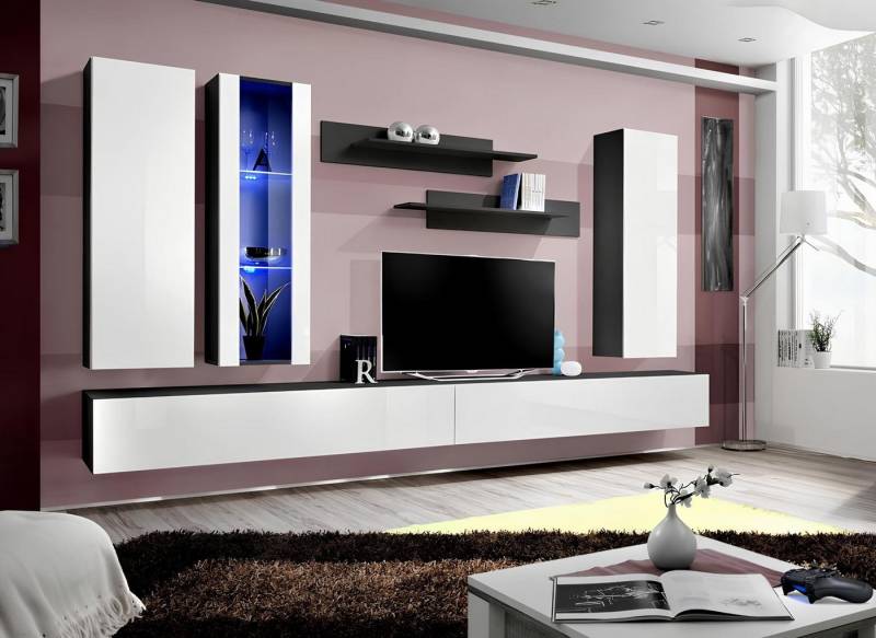 JVmoebel Wohnwand Moderne Designer Luxus Möbel aus Holz für Ihr Zuhause TV-Wand, (8-St., 1x Wohnwand+2x TV Ständer+1x Hänge Vitrine+2x Wandschrank+2x Wandregal), Made in Europa von JVmoebel