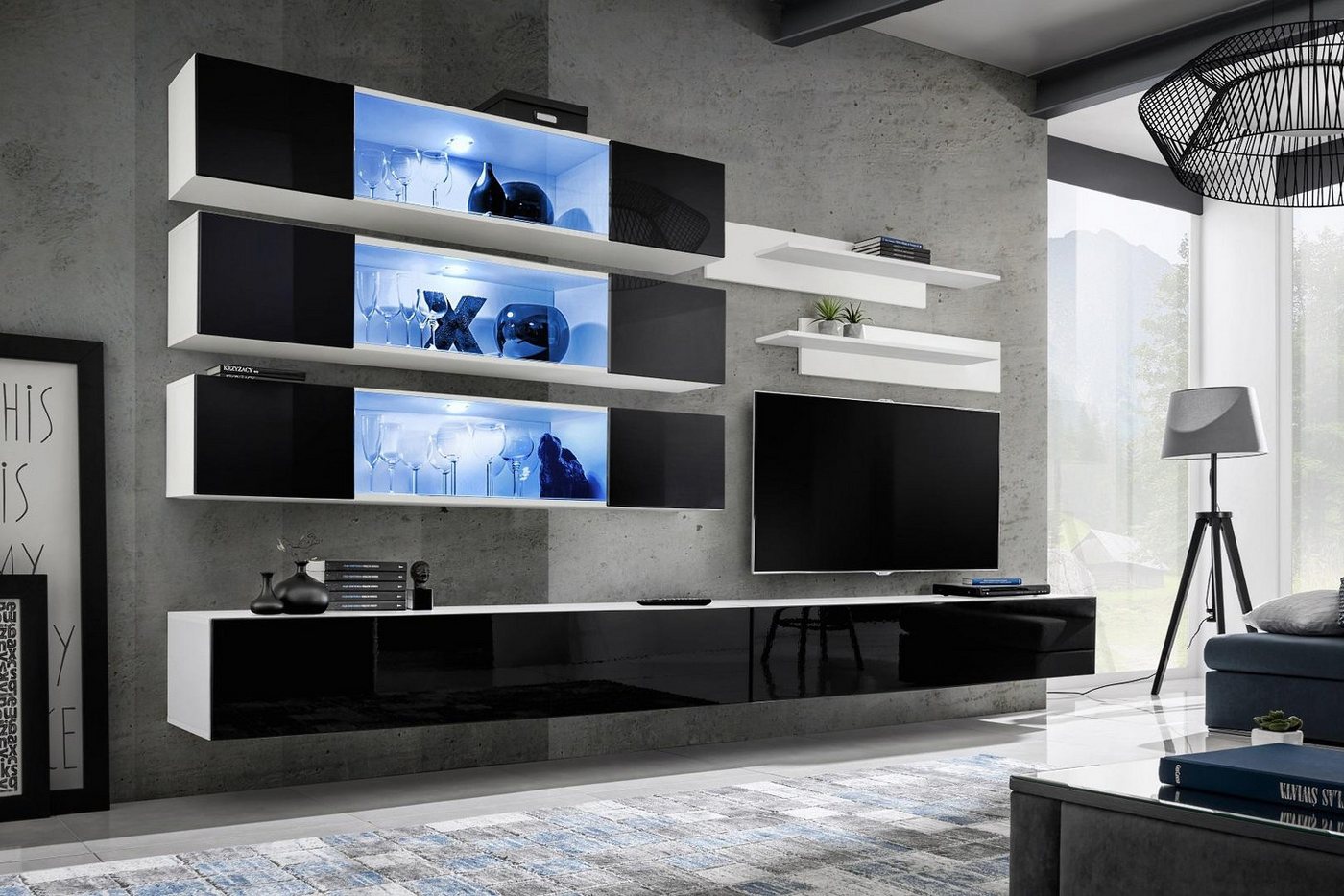 JVmoebel Wohnwand Moderne Designer Wohnwand Set für elegantes Wohnzimmer, (8-St., 1x Wohnwand + 2x TV Ständer + 3x Wandschrank + 2x Wandregal), Made in Europa von JVmoebel
