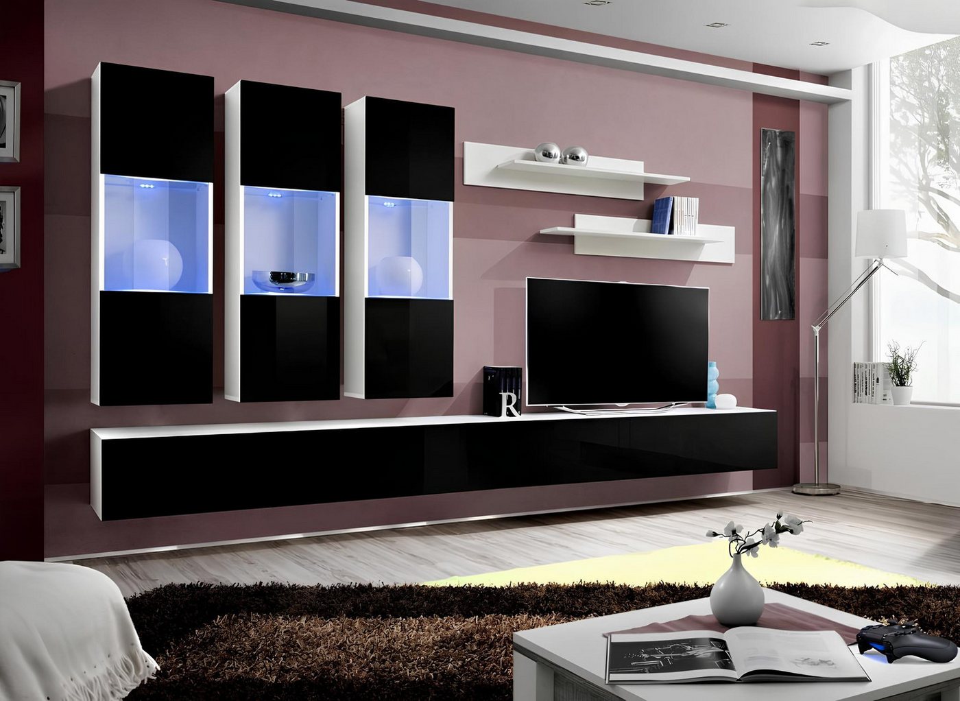 JVmoebel Wohnwand Moderne Designer-Wohnwand aus Holz für das Wohnzimmer, (8-St., 1x Wohnwand + 2x TV Ständer + 3x Wandschrank + 2x Wandregal), Made in Europa von JVmoebel