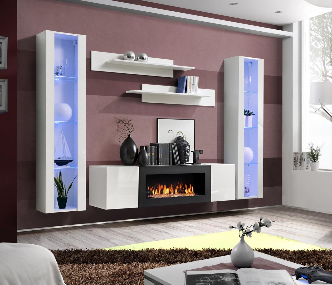 JVmoebel Wohnwand Moderne Designer-Wohnwand für luxuriöse Einrichtung im Wohnzimmer, (6-St., 1x Wohnwand+1x Sideboard Mit Kamin+2x Hänge Vitrine+2x Wandregal), Made in Europa von JVmoebel
