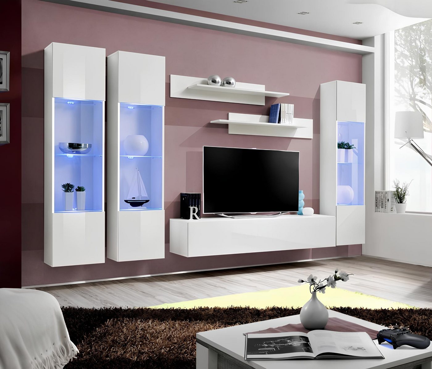 JVmoebel Wohnwand Moderne Designer-Wohnwand mit Hängevitrine für Luxus-Wohnzimmer, (7-St., TV Ständer, Wohnwand, 3x Hänge Vitrine, 2x Wandregal), Made in Europa von JVmoebel