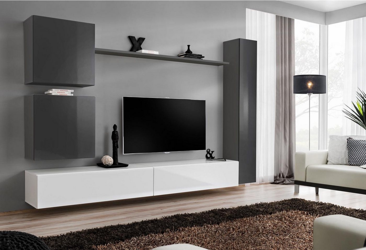 JVmoebel Wohnzimmer-Set Moderne Graue Wandmöbel: Stilvolles Sideboard für Ihr Zuhause, (7-St., 1x Wohnwand + 2x TV Ständer + 3x Wandschrank + 1x Wandregal), Made in Europa von JVmoebel