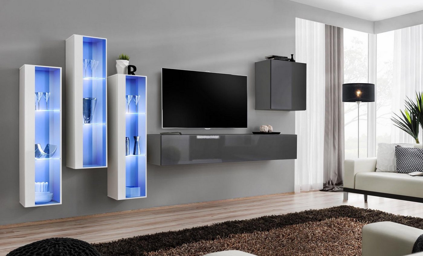 JVmoebel Wohnwand Moderne Hochglanz Wohnwand in Grau für TV und Wohnzimmer, (6-St., 1x Wohnwand + 1x TV Ständer + 4x Wandschrank), Made in Europa von JVmoebel