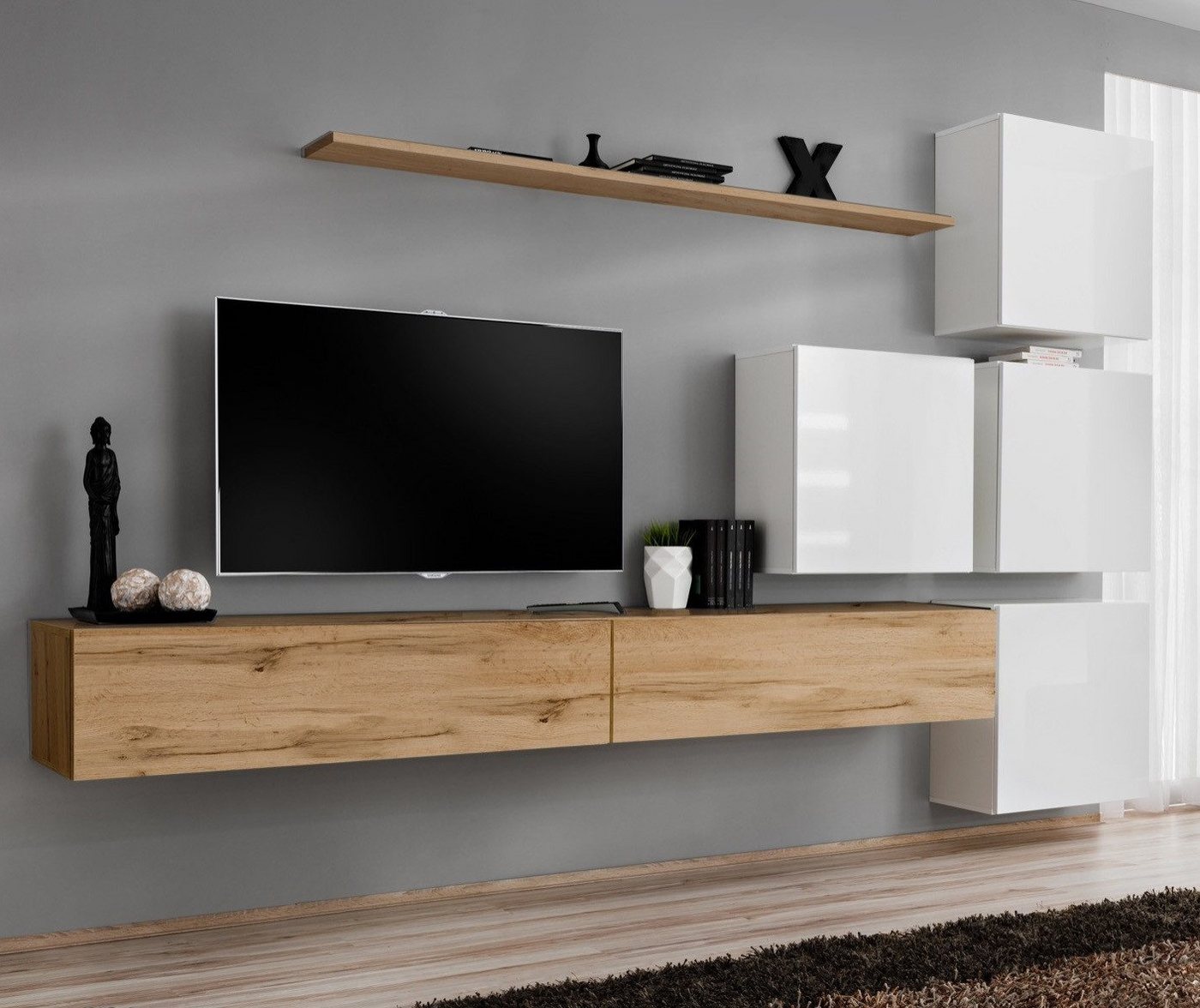 JVmoebel Wohnwand Moderne Luxus Wohnwand aus Holz in Braun für das Wohnzimmer, (8-St., 1x Wohnwand + 2x TV Ständer + 4x Wandschrank + 1x Wandregal), Made in Europa von JVmoebel