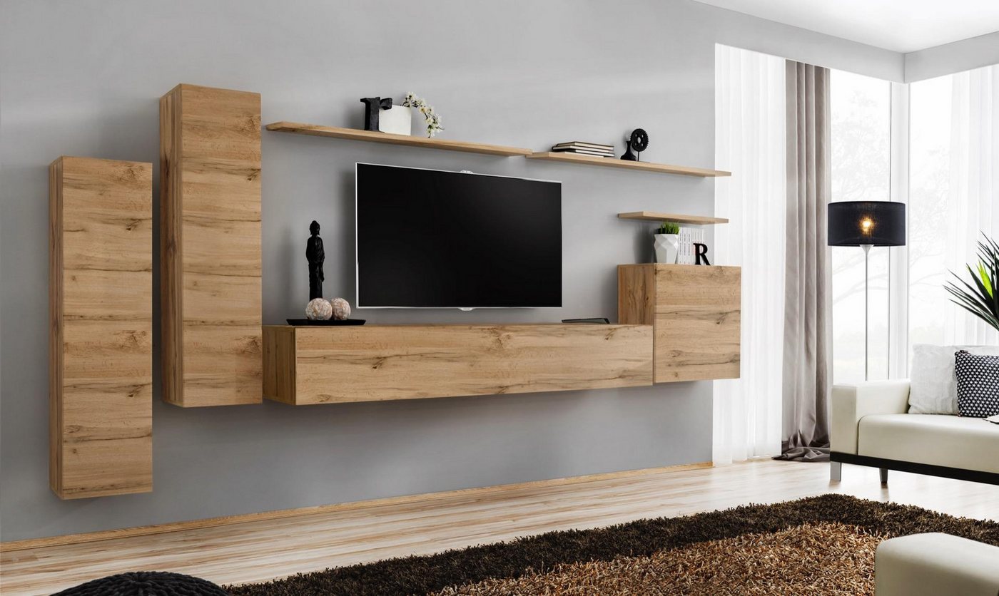 JVmoebel Wohnzimmer-Set Moderne Wandmontage für das Wohnzimmer – Designer Möbel Braun, (8-St., 1x Wohnwand + 1x TV Ständer + 3x Wandschrank + 3x Wandregal), Made in Europa von JVmoebel