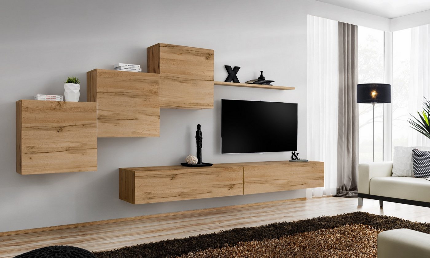 JVmoebel Wohnzimmer-Set Moderne Wandregal Kombination in Braun – Designer TV Möbelstücke, (7-St., 1x Wohnwand + 2x TV Ständer + 3x Wandschrank + 1x Wandregal), Made in Europa von JVmoebel