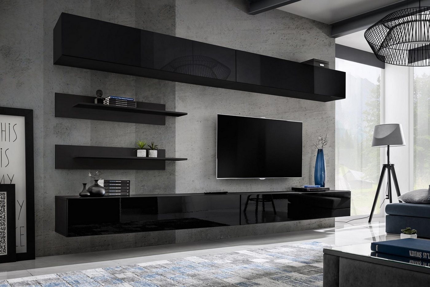 JVmoebel Wohnwand Moderne Wohnwand Garnitur 6-teiliges Wandregal für Wohnzimmer, (7-St., 1x Wohnwand + 2x TV Ständer + 2x Wandschrank + 2x Wandregal), Made in Europa von JVmoebel