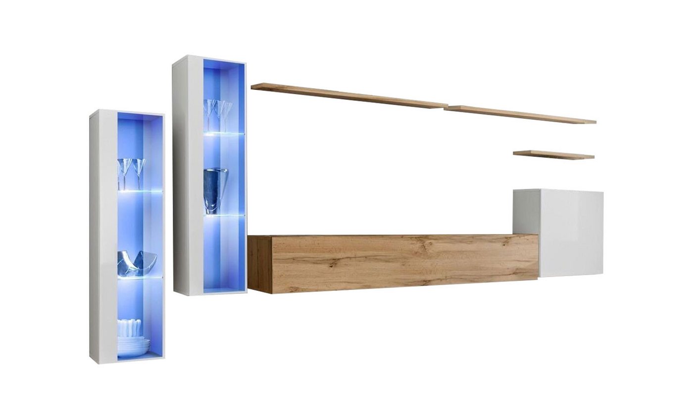 JVmoebel Wohnzimmer-Set Moderne Wohnwand Luxus Holz Wand Regale Wohnzimmer Möbel, (8-St., 1x Wohnwand + 1x TV Ständer + 3x Wandschrank + 3x Wandregal), Made in Europa von JVmoebel