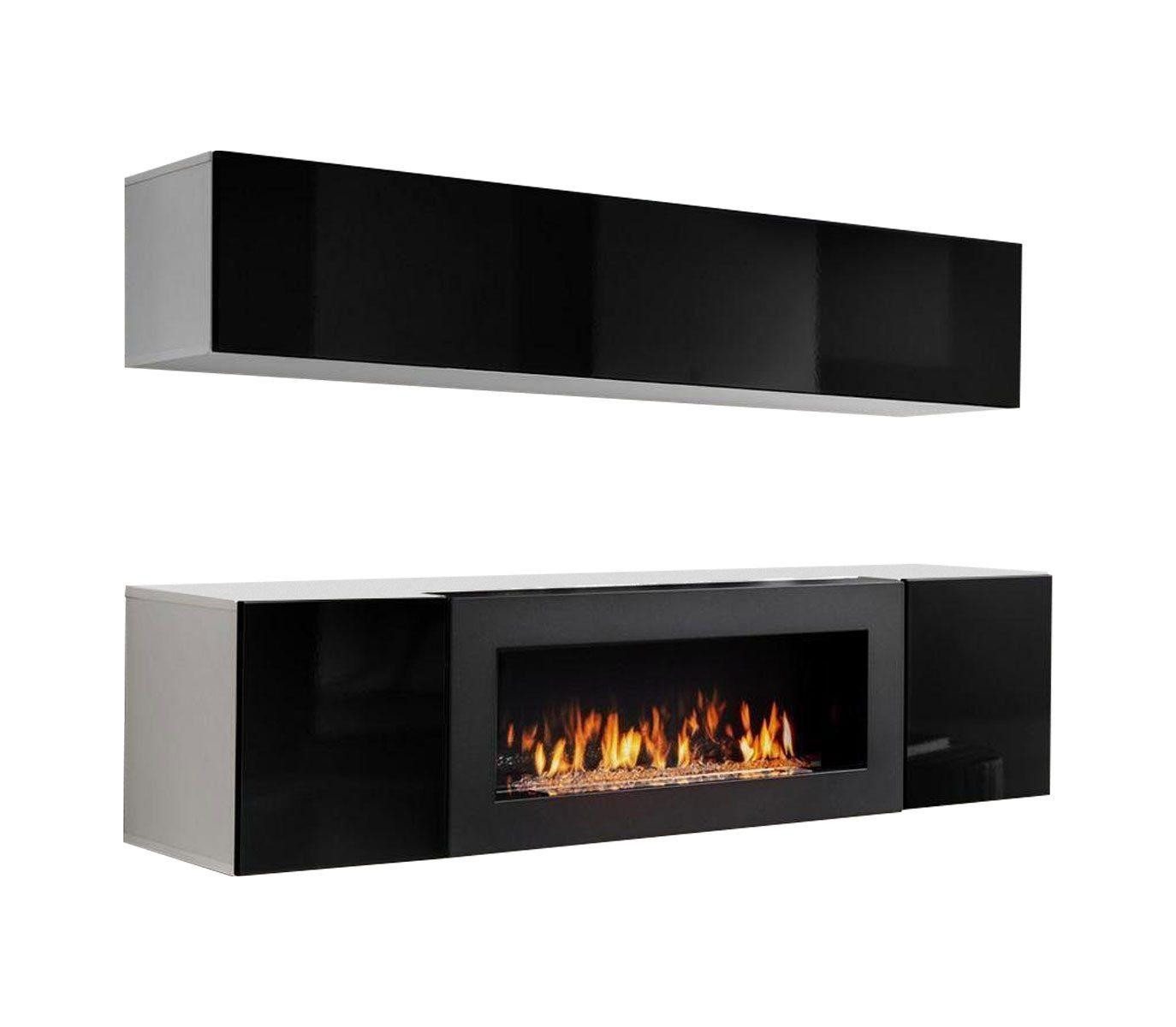 JVmoebel Wohnzimmer-Set Moderne Wohnwand Schwarz Hänge Sideboard mit Hochglanz Kamin, (3-St., 1x Wohnwand + 1x Sideboard + 1x Wandschrank), Made in Europa von JVmoebel