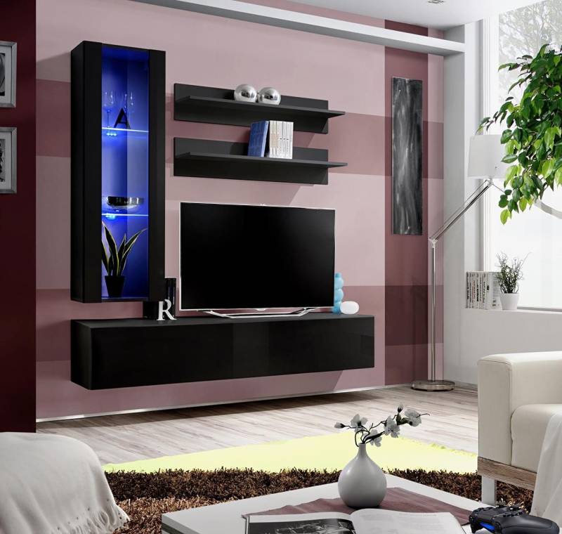 JVmoebel Wohnwand Moderne Wohnwand aus Holz - Eleganter TV-Ständer für Ihr Wohnzimmer, (5-St., 1x Wohnwand + 1x TV Ständer + 1x Hänge Vitrine + 2x Wandregale), Made in Europa von JVmoebel