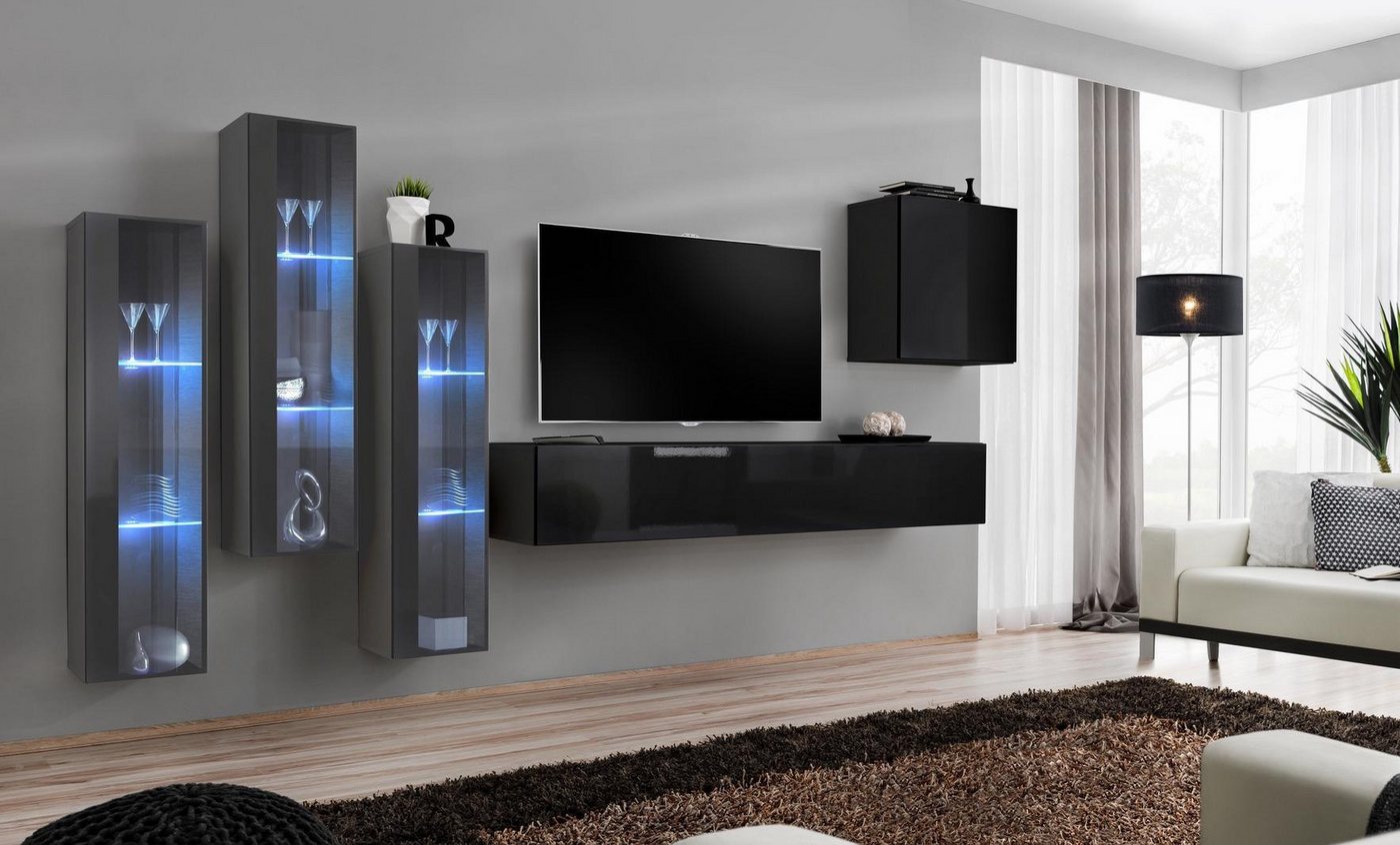 JVmoebel Wohnwand Moderne Wohnwand aus Holz für stilvolles Wohnen im Wohnzimmer, (6-St., 1x Wohnwand + 1x TV Ständer + 4x Wandschrank), Made in Europa von JVmoebel