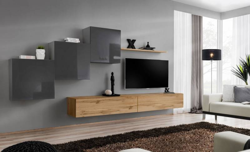 JVmoebel Wohnwand Moderne Wohnwand in Weiß mit Braunem Designer Sideboard für TV, (7-St., 1x Wohnwand + 2x TV Ständer + 3x Wandschrank + 1x Wandregal), Made in Europa von JVmoebel