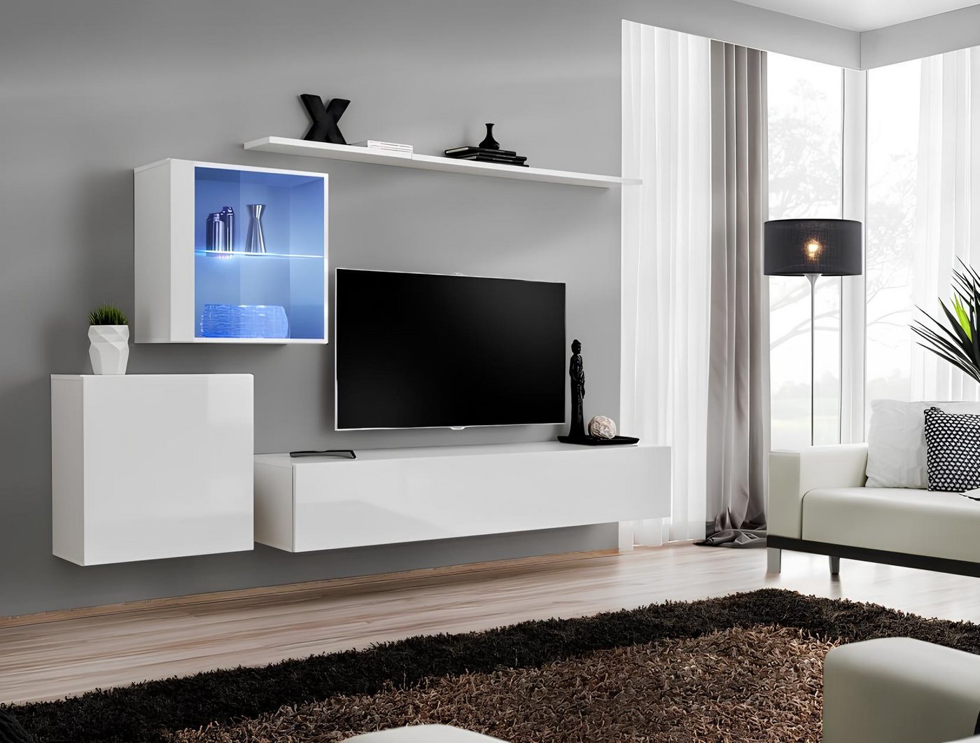 JVmoebel Wohnwand Moderne Wohnwand mit Hochglanz-TV-Ständer und Luxus-Sideboard in Weiß, (5-St., 1x Wohnwand + 1x TV Ständer + 2x Wandschrank + 1x Wandregal), Made in Europa von JVmoebel